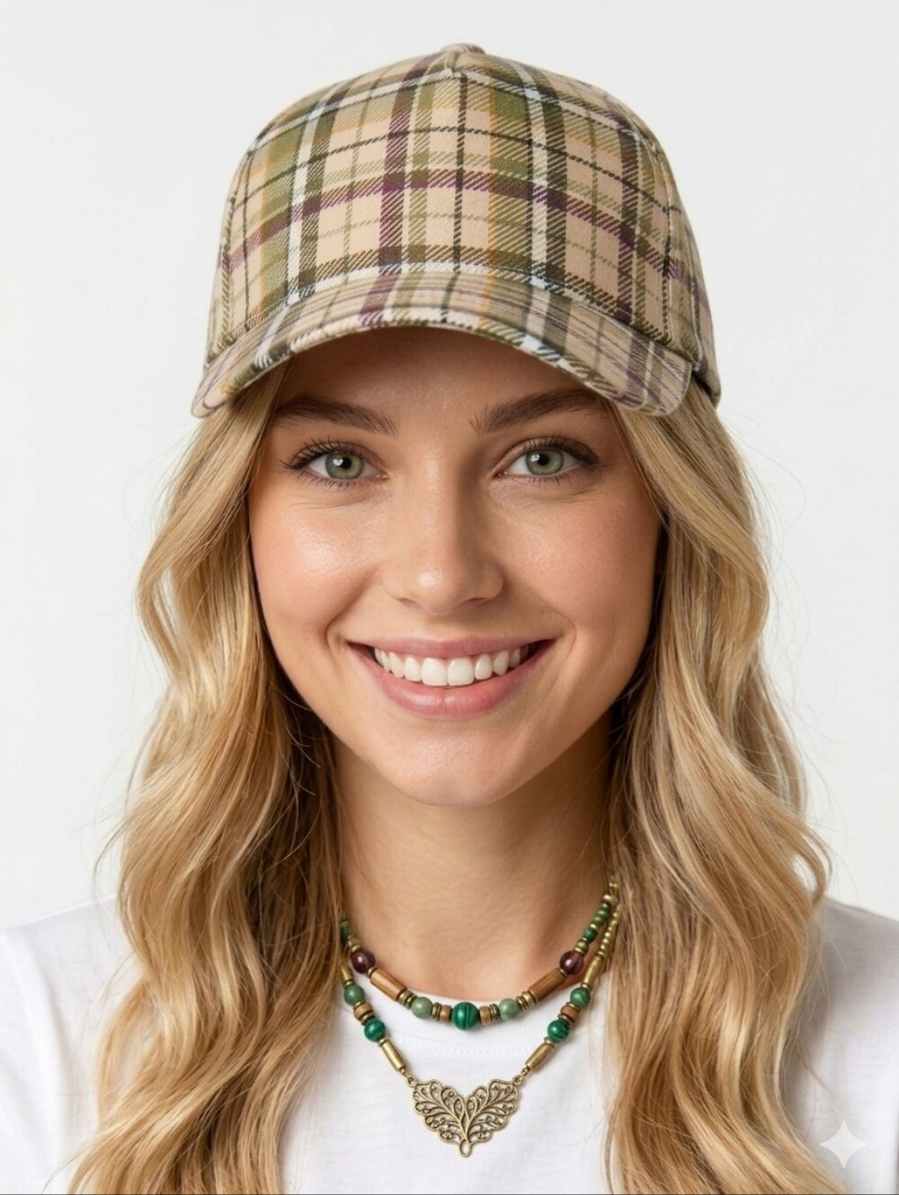 New Vintage Luxury Style Plaid Baseball Cap in Beige and Olive